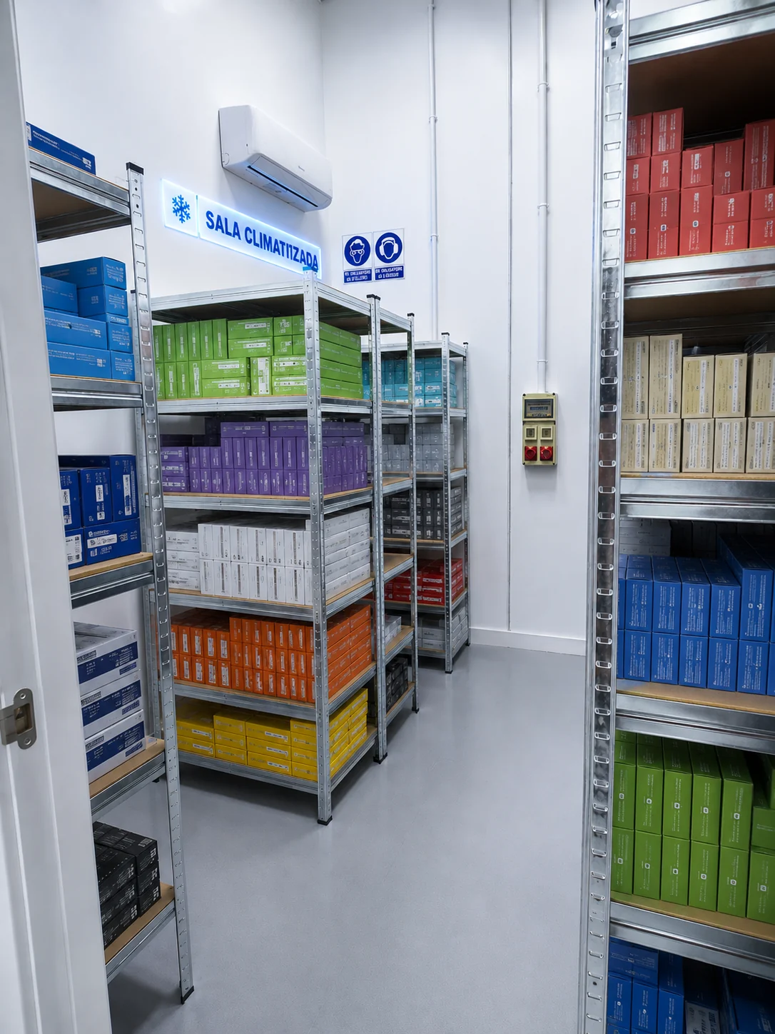 Sala climatizada con instrumental y material sanitario almacenado por colores